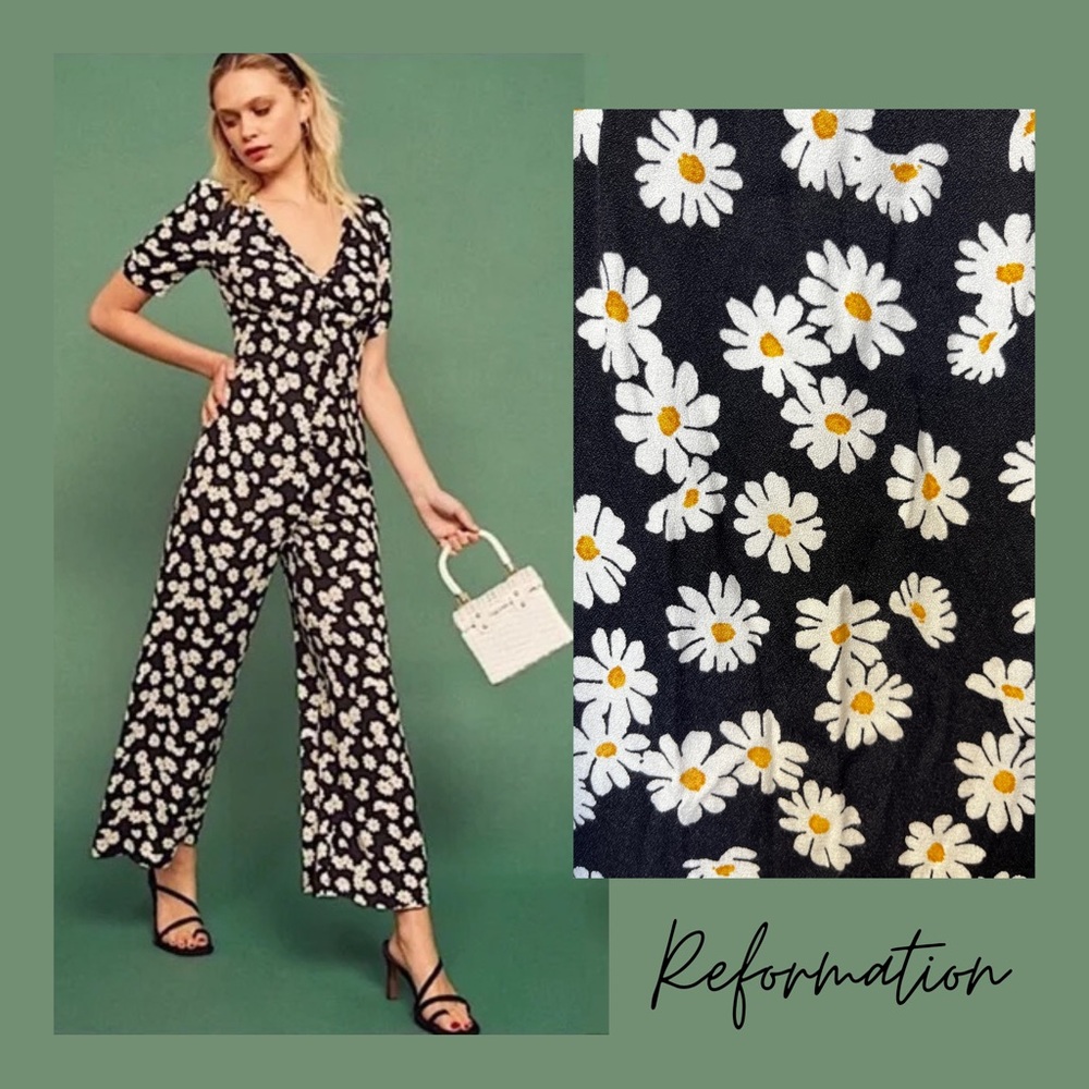 Reformation Marlena Jumpsuit – Black with Sunflower Print, Size 0, Like New
